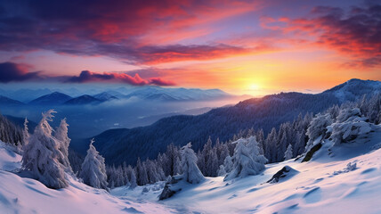 Majestic sunrise in the winter mountains landscape. Generative Ai