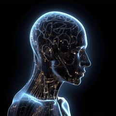 futuristic humanoid robotics concept with data wires