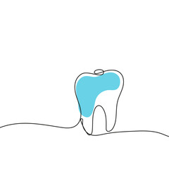 Tooth vector icon drawn with one continuous single line. Human tooth with roots in sketch style.