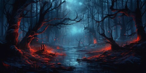 Night and Gloomy Fantasy Forest Scene - obrazy, fototapety, plakaty