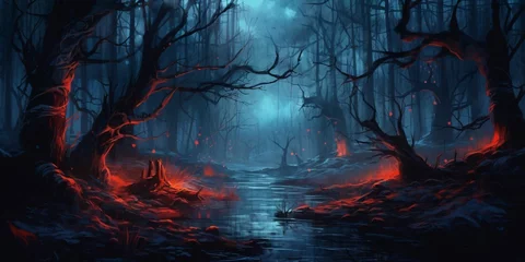 Tuinposter Sprookjesbos Night and Gloomy Fantasy Forest Scene