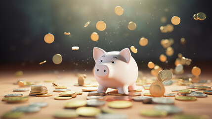 Coins falling to white piggy saving, Financial and money deposit concept - obrazy, fototapety, plakaty