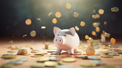 Foto op Plexiglas Coins falling to white piggy saving, Financial and money deposit concept © Karol
