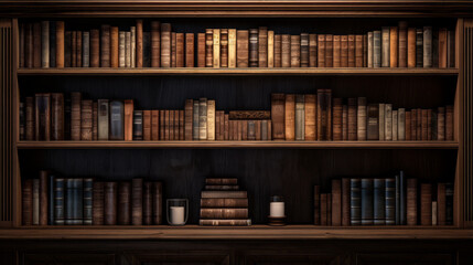 A brown wooden bookshelf with multiple shelves and a row of books
