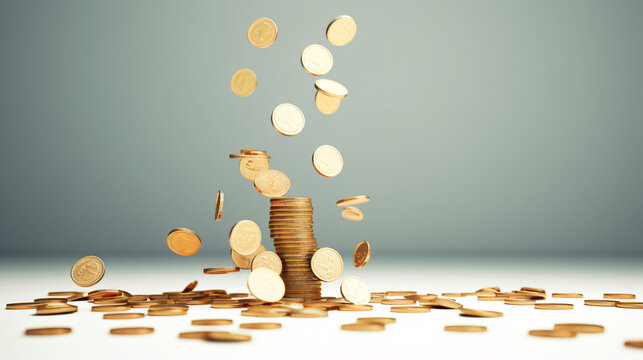 Coins falling to white piggy saving, Financial and money deposit concept