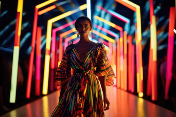 Beautiful elegant african american woman in hat and ultraviolet neon light at model show