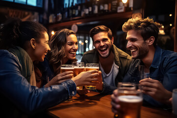 Happy friends drink beer in a brewery bar. - obrazy, fototapety, plakaty