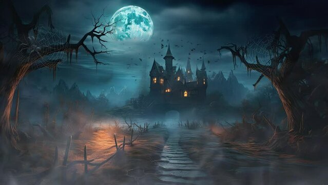 halloween night decorative with castle, bat and moon background. seamless looping time-lapse virtual video animation background.	