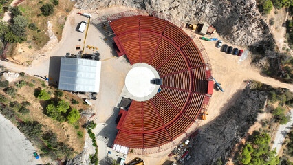 Aerial drone photo of recently renovated theatre of Lycabettus on top of Lycabettus hill, Athens...
