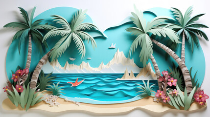 Fototapeta na wymiar Serenity of a secluded island beach turquoise waters and swaying palms made in paper cut craft, Layered paper, Paper craft