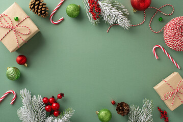 Christmas creativity: Top view shot showcasing gift boxes, wrapping essentials, ornaments, candy canes, and wintry spruce twigs with empty frame for text or advertising - obrazy, fototapety, plakaty