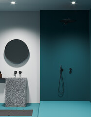 White and blue bathroom interior with sink and shower