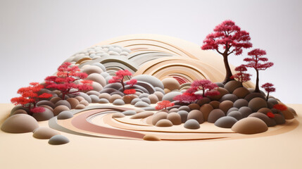 Zen garden raked sand and meticulously placed stones made in paper cut craft,  Layered paper,  Paper craft