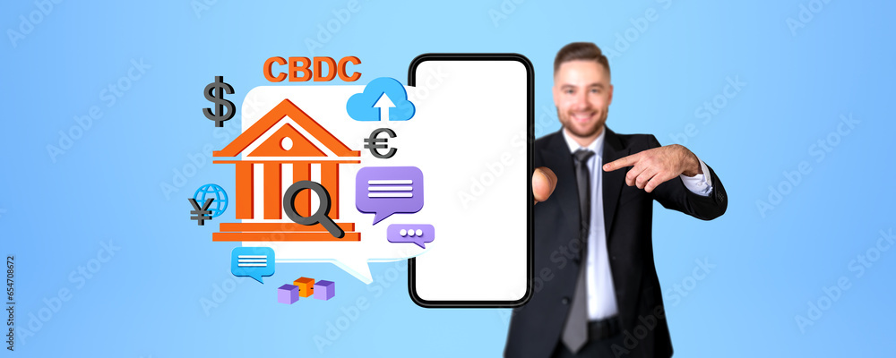 Poster man showing mock up phone, cbdc with speech bubbles and bank icon