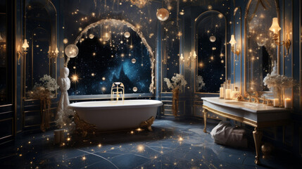 A celestial bathroom with a glass roof that reveals the night sky, a moon-shaped bathtub, and lunar-themed decor