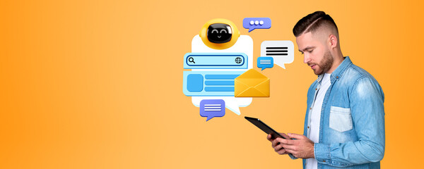 Concentrated man using tablet and chat bot, virtual assistant and messenger