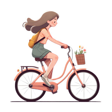 Female cartoon character riding a bicycle illustration art with a transparent background generative AI.