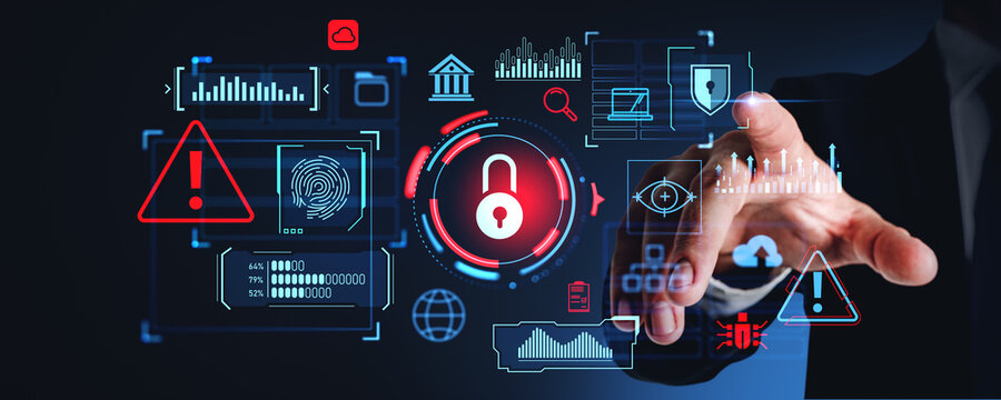 Businessman finger touch digital cybersecurity chart with big business data