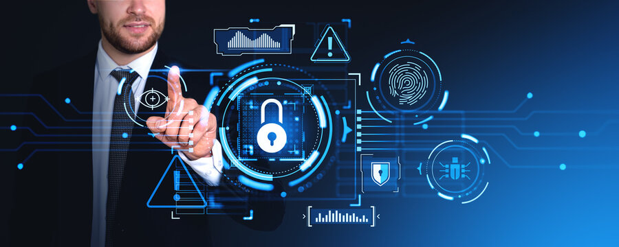 Businessman finger touch digital cybersecurity chart with big business data
