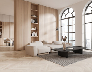 White and wooden living room corner with sofa and bookcase © ImageFlow