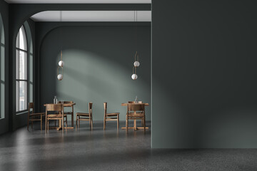Green cafe interior with chairs and table near window, mock up partition - obrazy, fototapety, plakaty