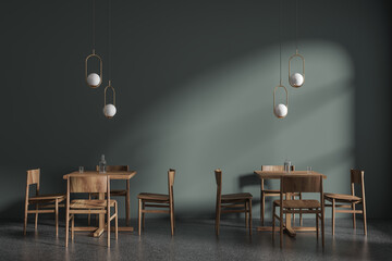 Green restaurant interior with wooden tables - obrazy, fototapety, plakaty