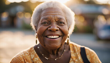 Beautiful elderly black lady outdoors in the evening sun with copy space