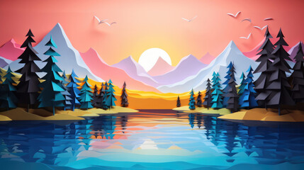 Tranquil lakeside mirrored reflection serene mountains made in paper cut craft,  Layered paper,  Paper craft