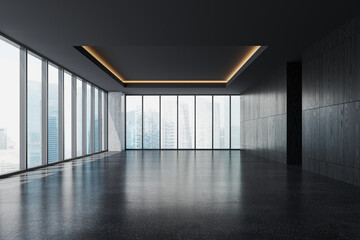 Fototapeta premium Dark empty office room with panoramic window on Singapore skyscrapers