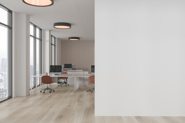 White and wooden open space office with blank wall