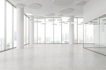 Fototapeta premium White empty office hall with panoramic window on Kuala Lumpur skyscrapers
