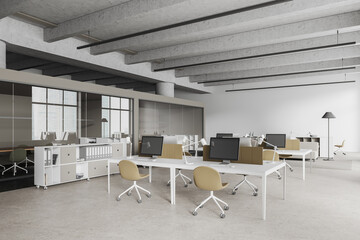 Fototapeta na wymiar Stylish office interior with workplace and meeting room, cozy design