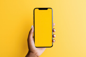 Woman holding up blank smartphone phone screen under yellow - obrazy, fototapety, plakaty