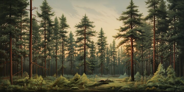 AI Generated. AI Generative. Pine forest outdoor nature landscape background. Forest adventures wild bushcraft inspiration