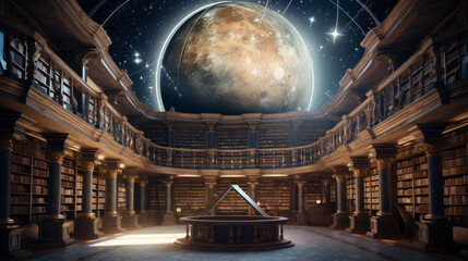 A celestial library with a planetarium-style ceiling, shelves of ancient scrolls, and a mystical atmosphere