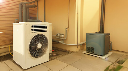  Air source heat pump installed in residential building. Sustainable and clean energy at home. 
