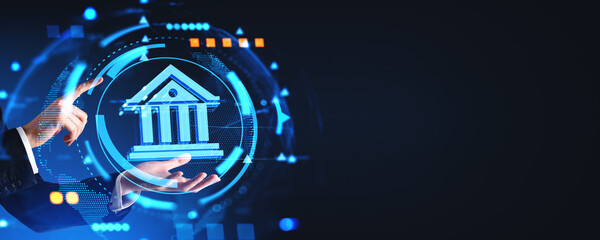 Businessman finger touching digital bank glowing hologram and empty background