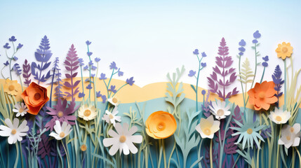 Sun-kissed meadow gentle breeze wildflowers in bloom made in paper cut craft,  Layered paper,  Paper craft