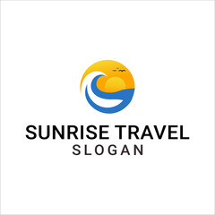Sun logo with sea wave vector design

