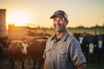Fotobehang Portrait of smiling mature male farmer standing on cattle farm at sunset © boxstock production