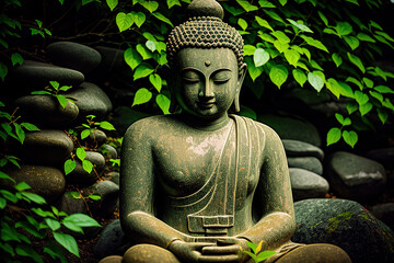 Buddha stone statue in green zen environment, generative ai.