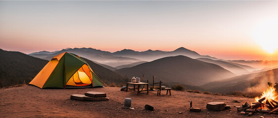 Tourist camp in the mountains, tent in the foreground. generative AI. - obrazy, fototapety, plakaty