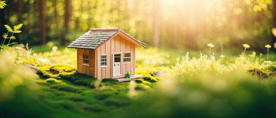 Wooden rural house model, real estate miniature in the meadow, new housing, young family, generative ai.