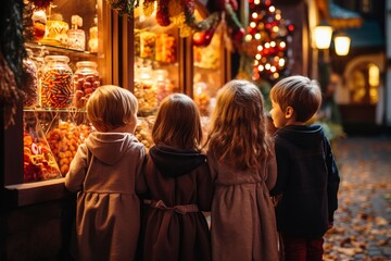 Fototapeta premium Trick or Treating Adventure on Halloween Evening, Kids in Costume Searching for Candy