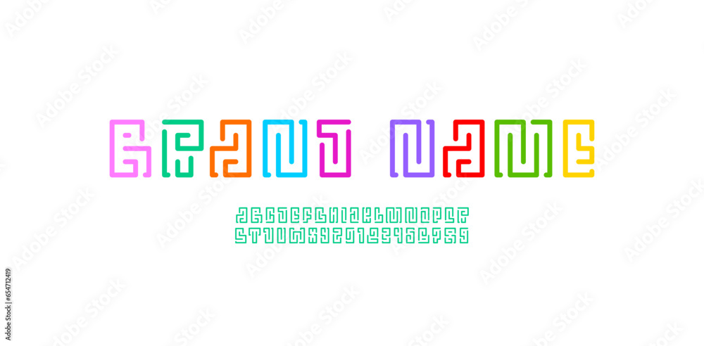 Poster digital font alphabet from segment line, multi-colored game style letters and numbers, vector illust