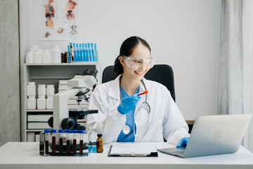 female scientist working with micro pipettes analyzing biochemical samples, advanced science...
