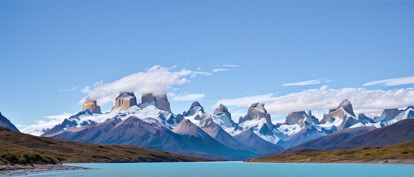 Peaks of the Chilean mountains with ice, Patagonia, generative ai.