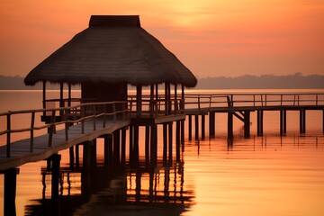 Fototapeta na wymiar Beautiful sunset on the beach with wooden jetty