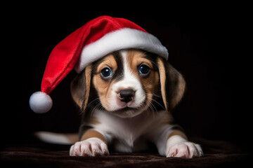 Tiny cute happy and adorable puppy Beagle with santa hat, generative ai