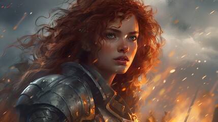 Portrait of a young curly haired warrior woman in a medieval/fantasy setting and armor during battle. - obrazy, fototapety, plakaty